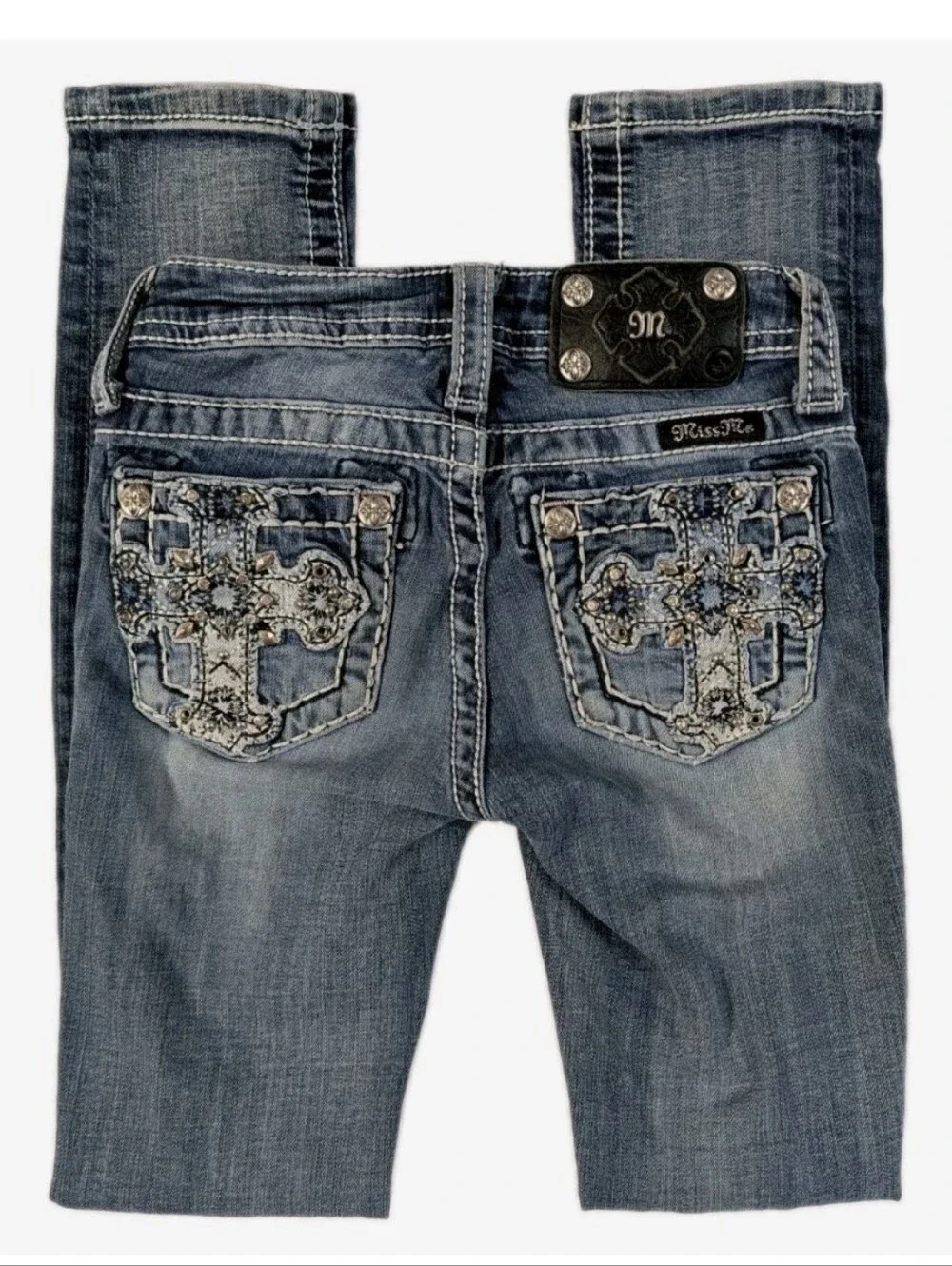 Miss Me Girls Size 7 Skinny Jeans Cross Rhinestone Pocket JK5899S Blue Stretch